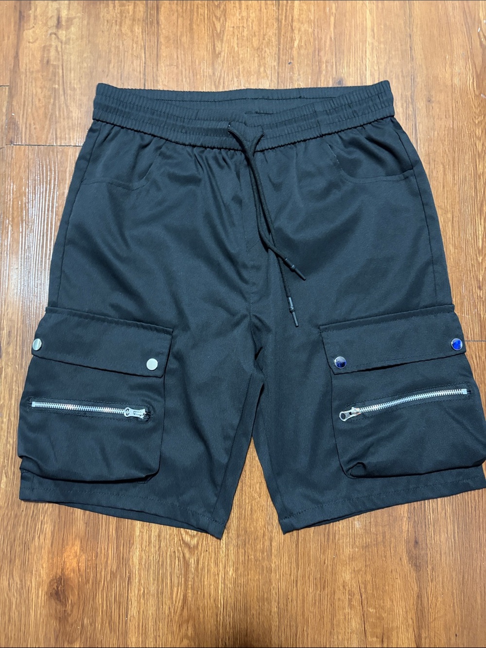 Men's Black Cargo Drawstring Shorts with Multi-Pocket Utility Large
